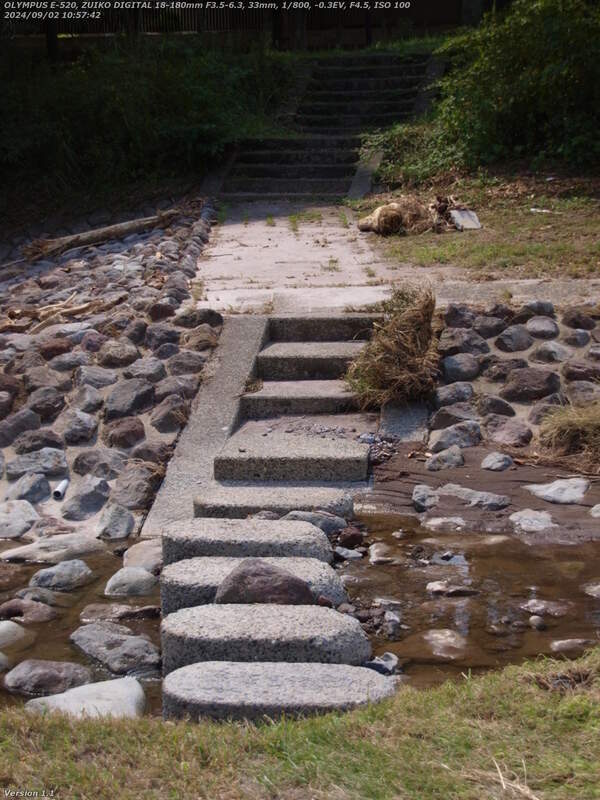 境川(別府市) 飛び石で対岸へ渡ると土手上の遊歩道へ進める
