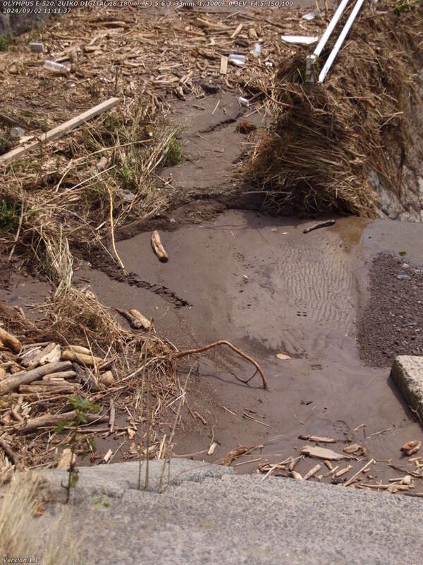 境川(別府市) 土が流されてコンクリートが見えている