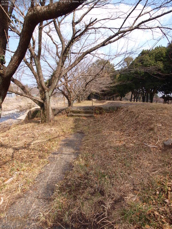 境川(別府市) 土手上に出て下流へ向きを変えると堤防の袖を越える階段が現れる