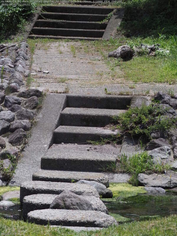 境川(別府市) 飛び石で対岸へ渡って階段で土手上に上がる