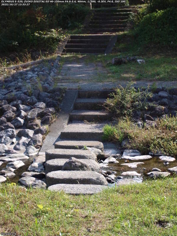 境川(別府市) 飛び石で右岸へ渡って階段で土手上の遊歩道へ